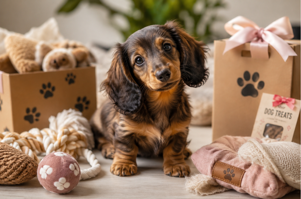 Teckel nain à poil long entouré de cadeaux, jouets et accessoires pour chien dans une ambiance douce et cosy