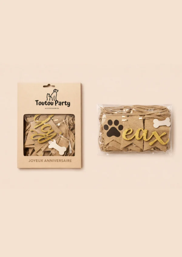 Packaging de la banderole joyeux anniversaire en toile de jute pour anniversaire de chien