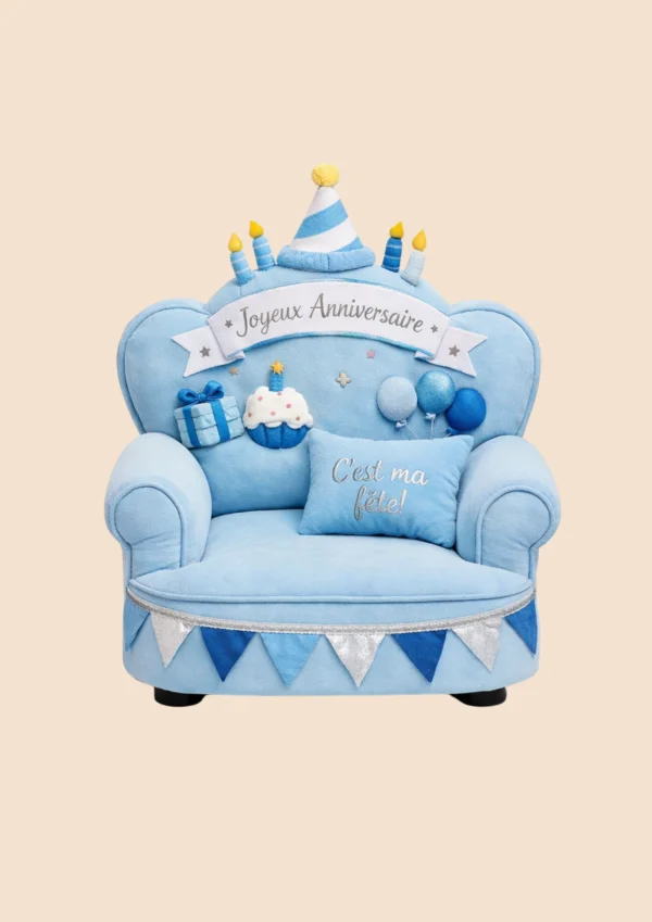 Fauteuil d’anniversaire bleu pour chien avec inscription Joyeux Anniversaire et coussin C’est ma fête