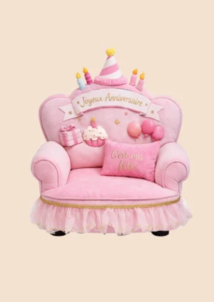 Fauteuil d’anniversaire rose pour chien avec inscription Joyeux Anniversaire et coussin C’est ma fête