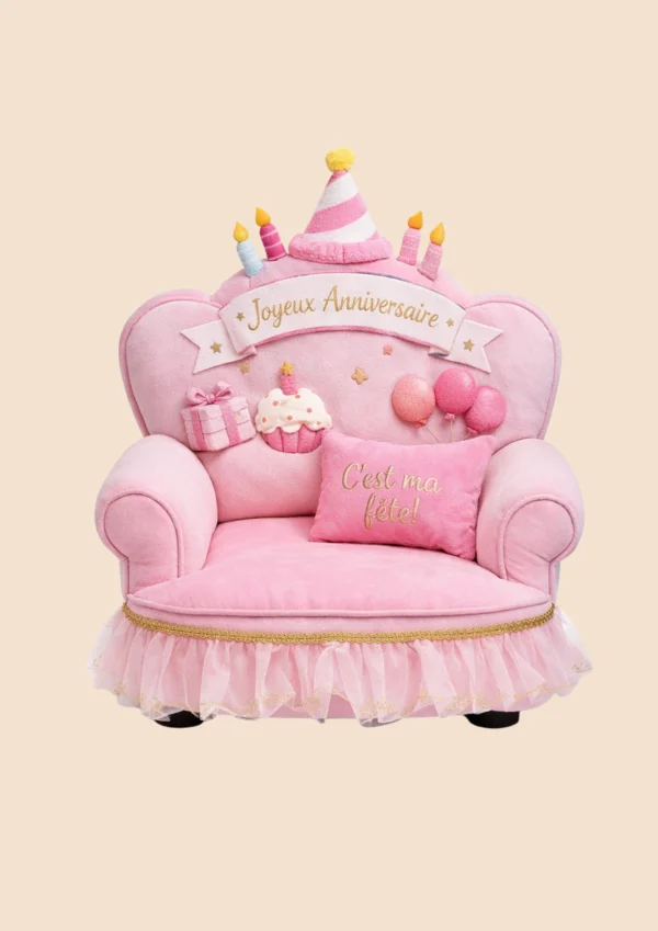 Fauteuil d’anniversaire rose pour chien avec inscription Joyeux Anniversaire et coussin C’est ma fête