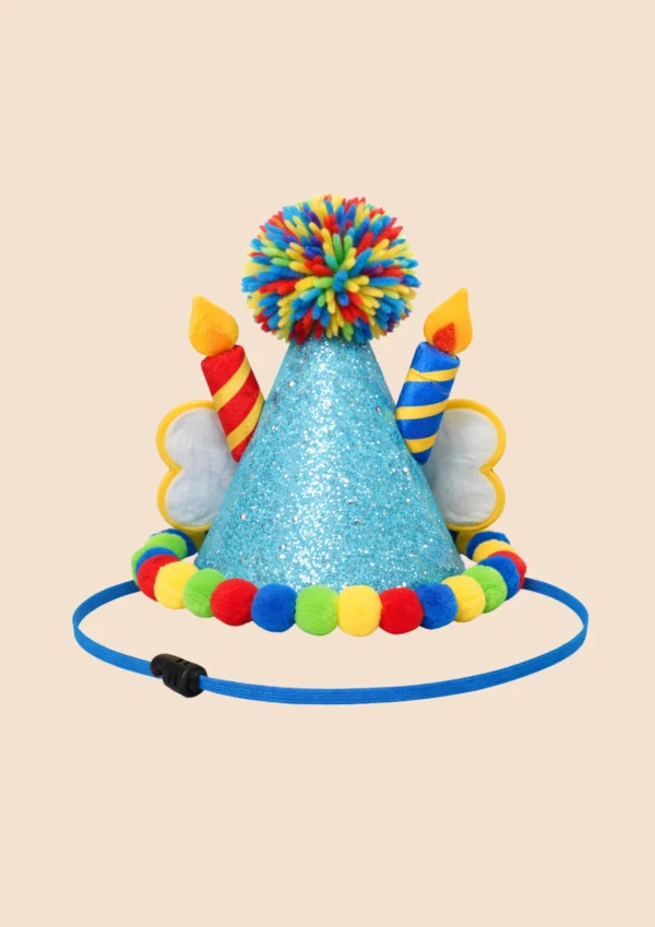 Chapeau anniversaire coloré pour chien vu de derrière avec sangle ajustable fabrication française