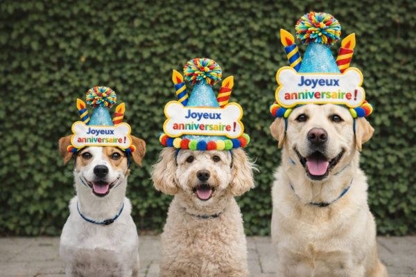 Trois chiens portant un chapeau anniversaire coloré avec inscription Joyeux anniversaire en tailles S M et L