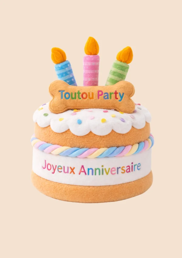 Jouet chien gâteau d’anniversaire coloré avec inscription Joyeux anniversaire et petit os Toutou Party – vue de face