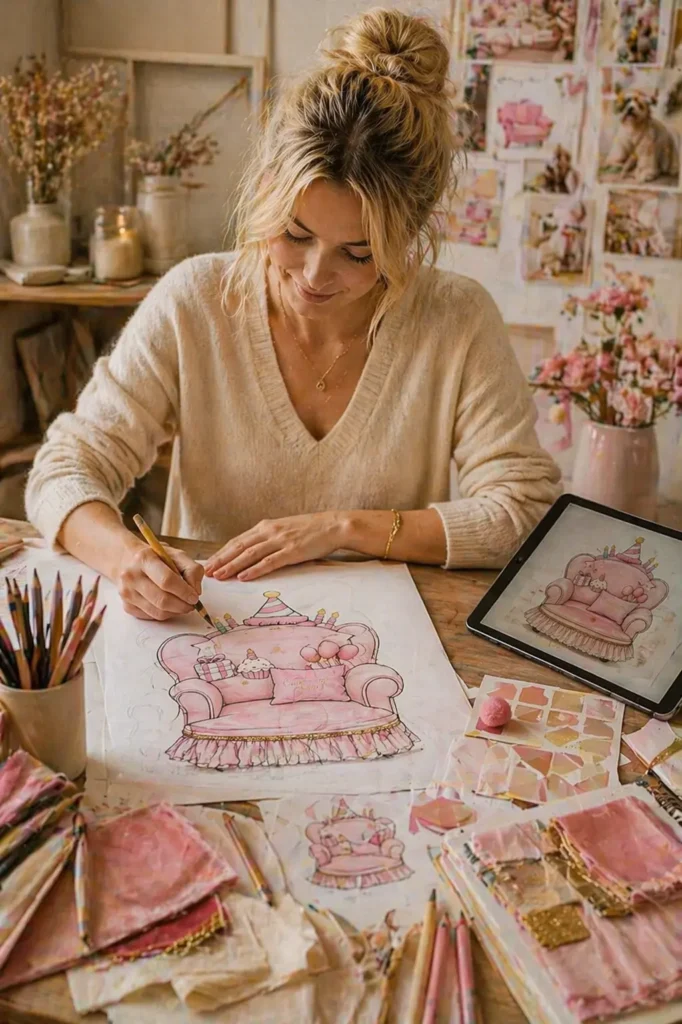 Designer dessinant un fauteuil anniversaire rose pour chien sur bureau créatif.