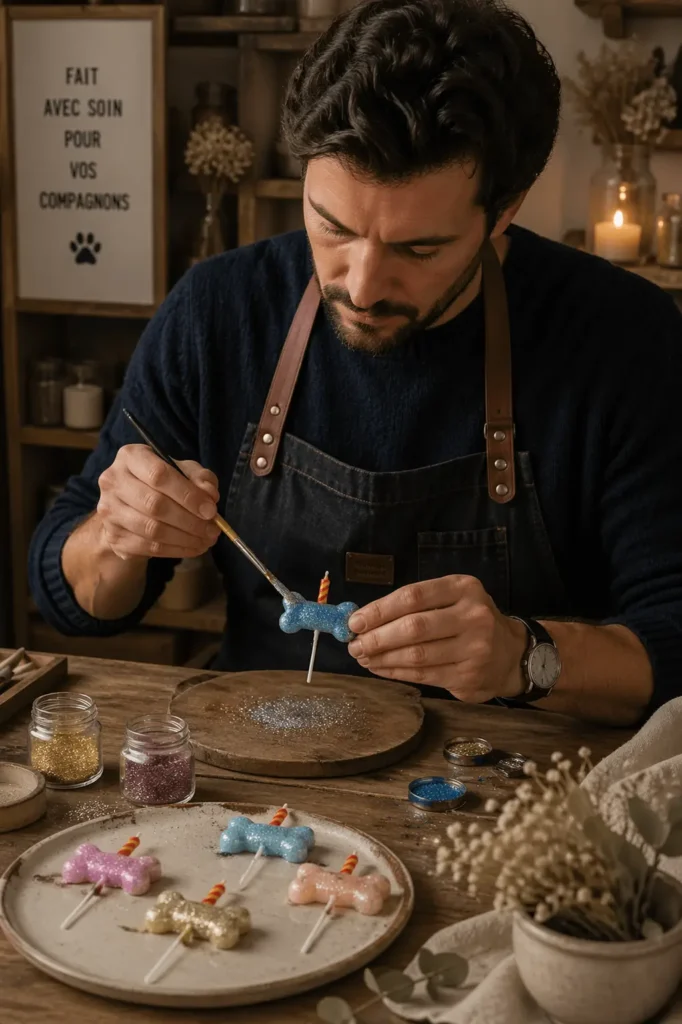 Artisan en atelier décorant à la main des bougies anniversaire chien en forme d’os pailleté.