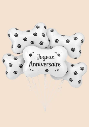 ballon anniversaire chien forme os blanc avec motifs pattes