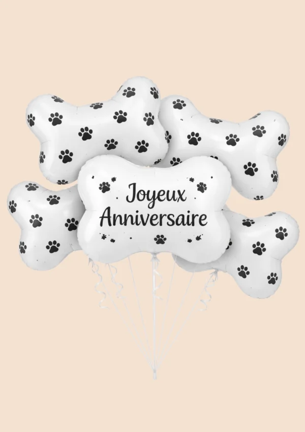 ballon anniversaire chien forme os blanc avec motifs pattes