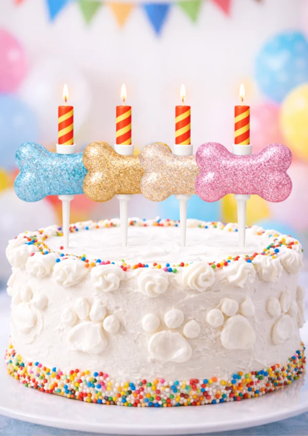 Bougie anniversaire chien en forme d’os pailleté sur gâteau