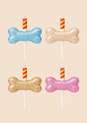 Bougies anniversaire chien en forme d’os pailleté couleurs bleu doré rose