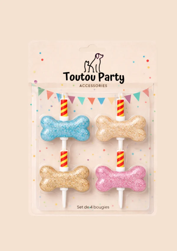 Pack bougies anniversaire chien os pailleté Toutou Party 4 pièces